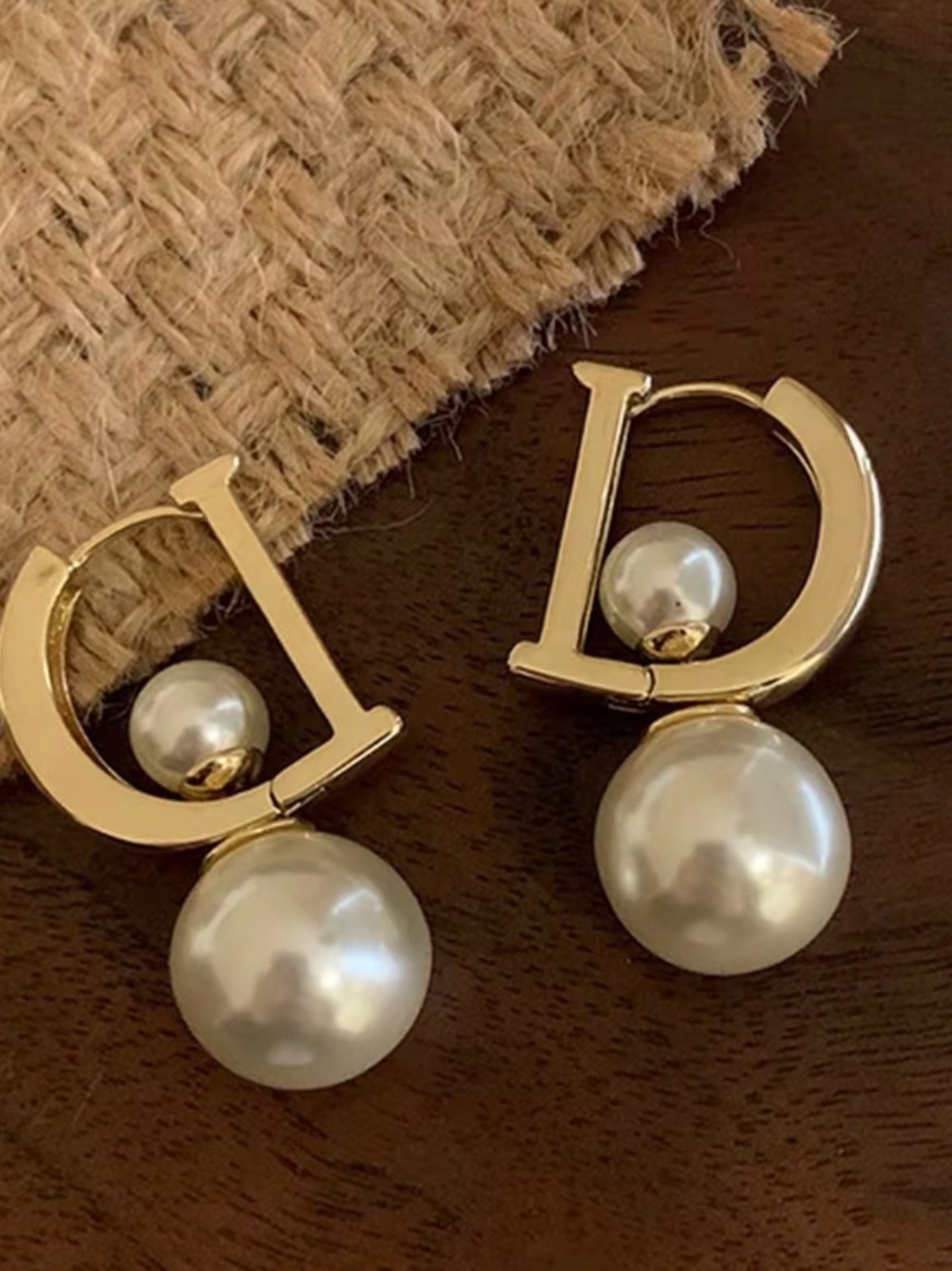 Gold Tone Pearl Drop Hoop Earrings - Designer Letter D Style